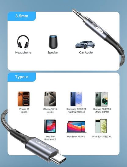 USB C to 3.5Mm Audio Aux Jack Cable 3.3Ft, USB Type C to 3.5Mm Headphone Stereo Car Cord Compatible with Iphone 17 16 15 Pro Max Air Iphone 17E, Galaxy S24 S23 S22 Ultra, Ipad Pro, Pixel 9/8