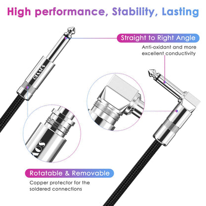 10FT Instrument Cable - Electric Guitar & Bass Cable with Right Angle 1/4 Inch Connector - Black